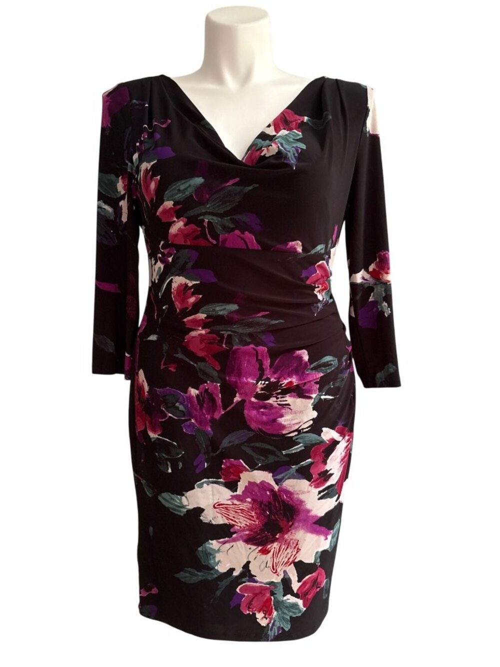 Lauren Ralph Lauren Womens Floral Print Black Dress Size 14 With 3/4 Sleeves